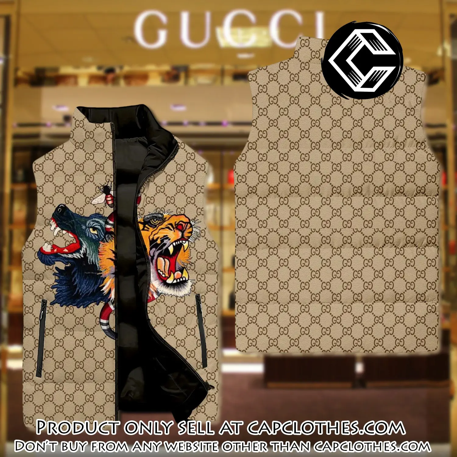 Gucci tiger & wolf luxury brand 3d sleeveless down jacket cc0629050